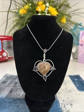 Sterling Silver Heart Yellow Moss Agate Amethyst Gemstone Pendant Necklace